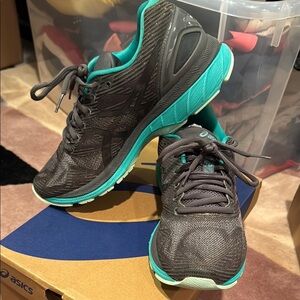 Asics Gray and Green Athletic Shoes with Mesh Upper